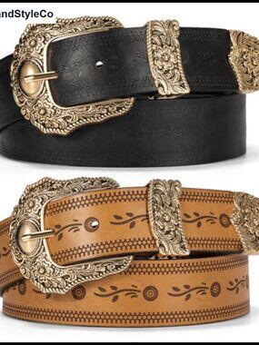 Set of 2 Western Cowgirl Belts for Women PU Leather 1.4" Wide with Buckle